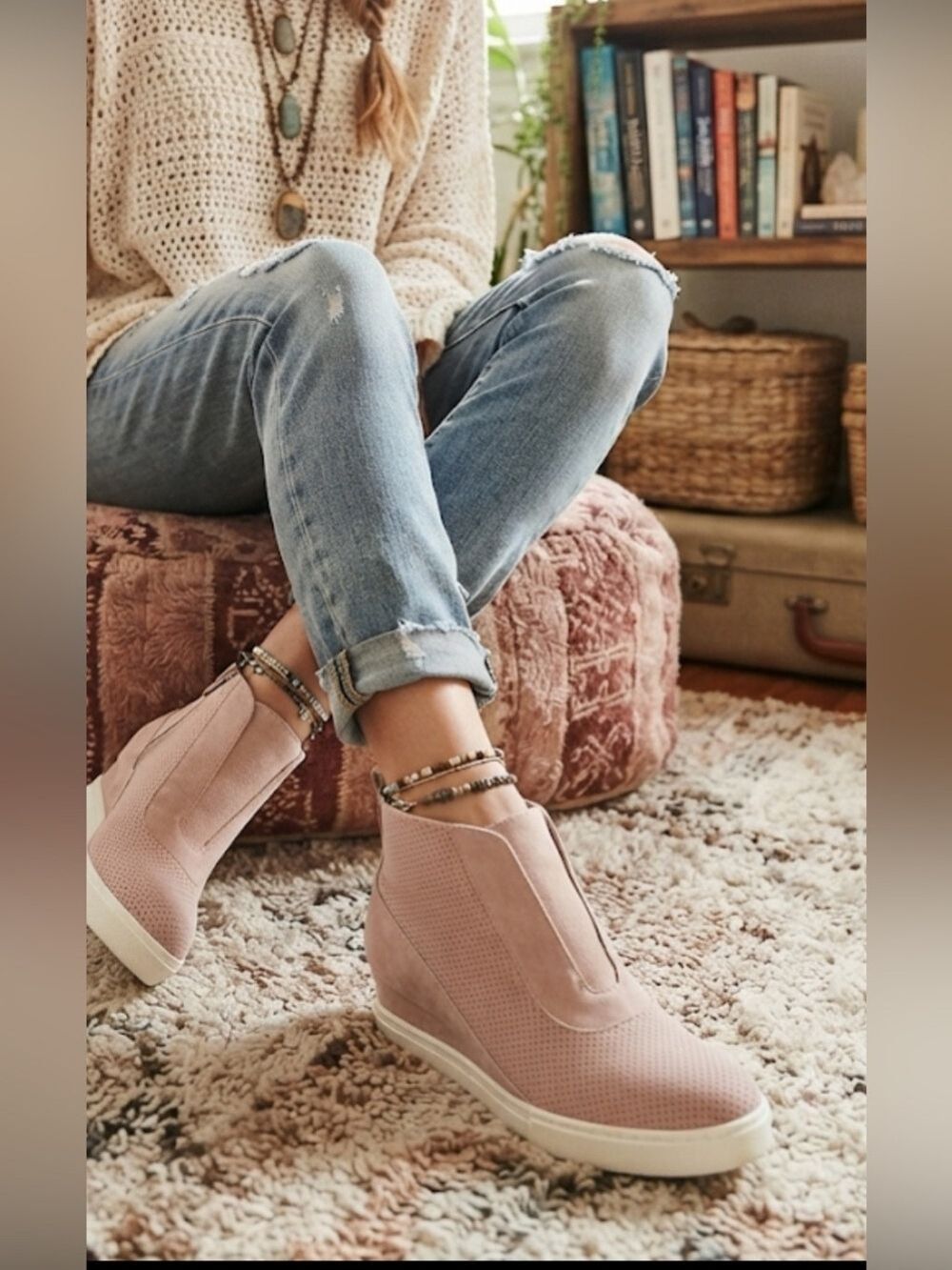 Linea Paolo Anna-L Hidden Wedge Sneaker Booties Blush Leather Sz 6 NIB